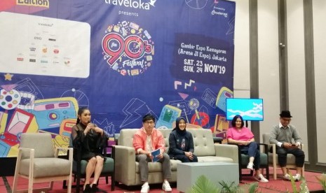 Promotor dan pengisi acara festival musik The 90's Festival pada konferensi pers di Jakarta, Rabu (6/11). The 90's Festival edisi kelima akan berlangsung di Gambir Expo, Kompleks JI Expo Kemayoran, Jakarta (23/11-24/11). 