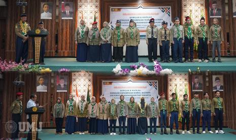 Prosesi Pelantikan Kepengurusan Gerakan Kepanduan Hizbul Wathan (HW) Qobilah dan Kafilah Panglima Jendral Sudirman Universitas Muhammadiyah Jakarta, di Auditorium Kasman Singodimedjo FISIP UMJ, Rabu (13/3/2024).