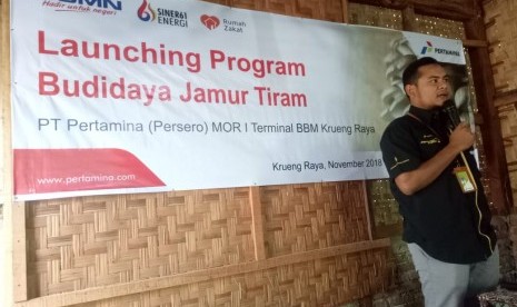 PT Pertamina (Persero) MOR l TBBM Kreung Raya bersama Rumah Zakat menggelar Launching Program Pemberdayaan Budidaya Jamur Tiram di Desa Lamreh, Kecamatan Mesjid Raya, Aceh Besar, Aceh (1/11).