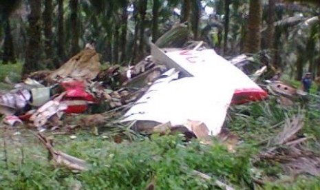 Puing-puing pesawat Jenis Fletcher FU 24-950 milik PT Sinar Indah Perkasa (SIP) yang jatu saat sedang menebar pupuk di kebun kelapa sawit, di Kampung Sidang Gunung Tiga, Rawajitu, Kabupaten Mesuji, Provinsi Lampung, Sabtu (11/5). 