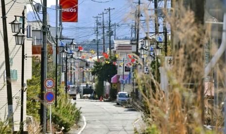 Pusat kota Okuma di Fukushima, Jepang, Selasa (9/4). Pemerintah Jepang membuka kembali Okuma pascabencana nuklir Fukushima.