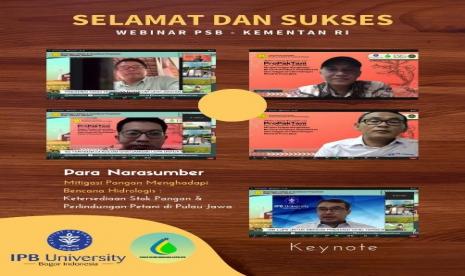 Pusat Studi Bencana (PSB) Lembaga Penelitian dan Pengabdian Masyarakat (LPPM) IPB University bersama Kementerian Pertanian RI menggelar webinar Mitigasi Pangan Menghadapi Bencana Hidrologis: Ketersediaan Stok Pangan dan Perlindungan Petani di Pulau Jawa. 