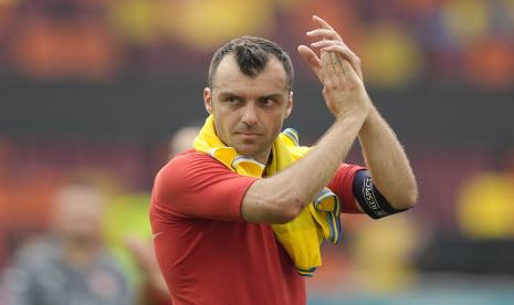 Reaksi Goran Pandev dari Makedonia Utara setelah pertandingan sepak bola babak penyisihan grup C UEFA EURO 2020 antara Ukraina dan Makedonia Utara di Bucharest, Rumania, 17 Juni 2021.