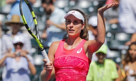 Reaksi Johanna Konta setelah mengalahkan Simona Helep di Miami Terbuka, Kamis (29/3).