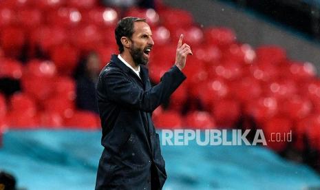 Reaksi manajer Inggris Gareth Southgate pada pertandingan grup D kejuaraan sepak bola Euro 2020 antara Inggris dan Skotlandia di stadion Wembley di London, Sabtu (19/6) dini hari WIB.