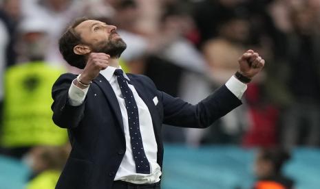 Reaksi manajer Inggris Gareth Southgate setelah memenangkan pertandingan sepak bola babak 16 besar UEFA EURO 2020 antara Inggris dan Jerman di London, Inggris, Rabu (30/6)..