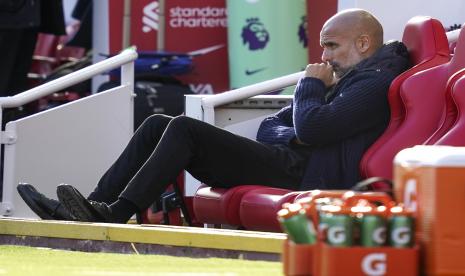 Reaksi Manajer Manchester City Pep Guardiola sebelum pertandingan sepak bola Liga Inggris antara Liverpool FC dan Manchester City di Liverpool, Inggris, 03 Oktober 2021