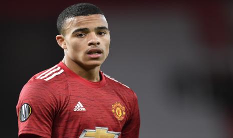 Reaksi Mason Greenwood dari Manchester United selama pertandingan sepak bola leg kedua perempat final UEFA Europa League, leg kedua antara Manchester United dan Granada CF di Manchester, Inggris, 15 April 2021. 