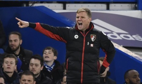 Reaksi pelatih Bournemouth, Eddie Howe pada laga Liga Primer lawan Chelsea di Stamford Bridge, Senin (26/12). Bournemouth kalah 0-3.