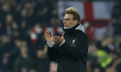 Reaksi pelatih Liverpool, Juergen Klopp seusai laga Piala Liga Inggris lawan Southampton, di Anfield, Kamis (26/1) dini hari WIB. Liverpool kalah 0-1.