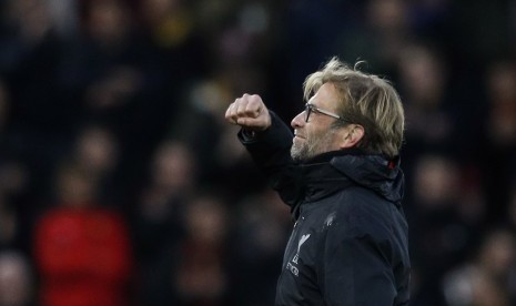 Reaksi pelatih Liverpool, Juergen Klopp seusai timnya mengalahkan Watford, 6-1 di Anfield, Ahad (6/11). Liverpool kini memuncaki klasemen Liga Primer Inggris.