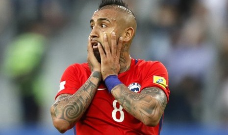 Reaksi pemain Cile, Arturo Vidal pada laga final Piala Konfederasi 2017 lawan Jerman di Moskow, Senin (3/7) dini hari WIB. Cile kalah 0-1 pada laga ini.