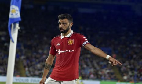 Reaksi pemain Manchester United Bruno Fernandes.