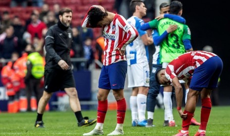 Reaksi striker Atletico Madrid, Joao Felix pada laga La Liga lawan Leganes di Stadion Wanda Metropolitano, Ahad (26/1). Laga berakhir imbang tanpa gol.