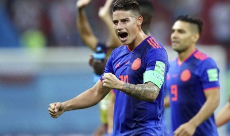 Reaksi striker Kolombia, James Rodriguez pada laga lawan Polandia di Kazan Arena, Senin (25/6) dini hari WIB. Kolombia menang 3-0 pada laga ini.