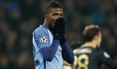 Reaksi striker Manchester City, Kelechi Iheanacho saat laga Liga Champions lawan Glasgow Celtic di stadion Etihad, Rabu (7/12) dini hari WIB. Laga berakhir imbang 1-1.