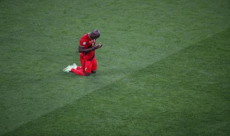 Reaksi striker timnas Belgia, Romelu Lukaku setelah mencetak gol kedua bagi timnya atas Rusia pada babak kualifikasi Grup B Piala Eropa 2020, di Zenit Arena, Saint Petersburg, Ahad (13/6) dini hari WIB. Belgia menang 3-0.