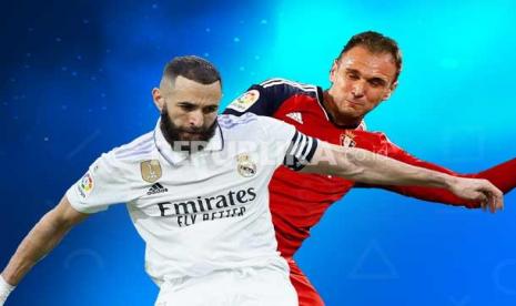 Real Madrid Vs Osasuna di final Copa del Rey 2023. Duel adu tajam striker Madrid Karim Benzema kontra striker Osasuna Kike (kanan)