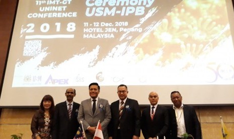 Rektor Institut Pertanian Bogor (IPB), Arif Satria di acara 11th Indonesia Malaysia Thailand Growth Triangle (IMT-GT) UNINET Conference, di Universiti Sains Malaysia, Penang, Malaysia, Selasa (11/12).