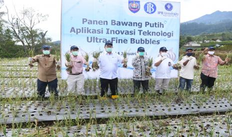 Rektor IPB University Prof Dr Arif Satria (ketiga dari kiri) pada acara  panen bawang putih dari hasil aplikasi teknologi ultra-fine bubbles di Desa Tuwel Kabupaten Tegal, Jawa Tengah,  Kamis (14/1). 