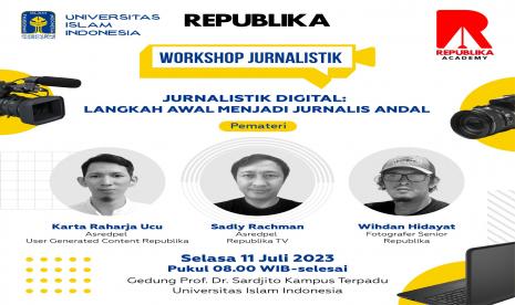 Republika Academy menggelar workshop jurnalistik di Gedung Dr Sardjito Kampus Terpadu Universitas Islam Indonesia (UII), Yogyakarta, Selasa (11/7/2023). Tema yang diangkat pada workshop ini yaitu Jurnalistik Digital: Langkah Awal Menjadi Jurnalis Andal. 