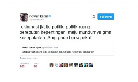 Ridwan Kamil mengomentari reklamasi Teluk Jakarta di akun Twitternya.