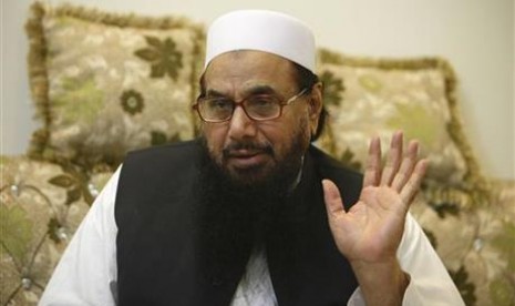 Salah satu anggota pendiri kelompok militan Pakistan, Lashkar e-Taiba, Hafiz Saeed menyebut keterlibatan AS dalam konflik Kashmir. Foto diambil pada Rabu, 13 Juli 201.