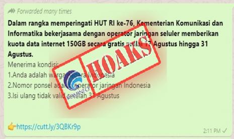 Salah satu contoh hoaks yang beredar di masyarakat, yang dijaring Tim AIS Ditjen Aplikasi Informatika Kemenkominfo.