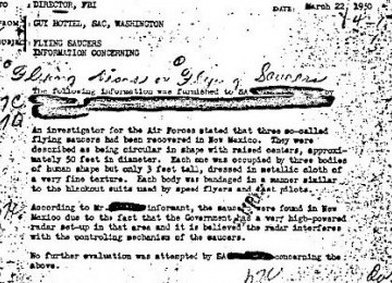 Salinan memo 1950 yang menceritakan penemuan piring terbang dan alien di New Mexico. Memo itu dipublikasikan di situs FBI.