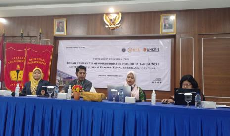 Satuan Tugas Pencegahan dan Penanganan Kekerasan Seksual (Satgas PPKS) Universitas Krisnadwipayana (Unkris) bekerja sama dengan Komisi Perlindungan Anak Indonesia (KPAI) menggelar Focus Group Discussion (FGD) “Bedah Tuntas Permendikbudristek Nomor 30 Tahun 2021 untuk Mewujudkan Kampus Tanpa Kekerasan Seksual”, pada Selasa (28/2/2023).