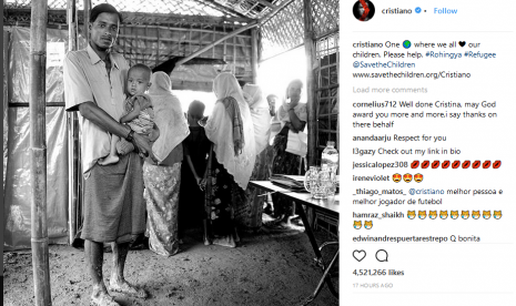 Screenshot akun Instagram Christiano Ronaldo yang mengunggah foto pengungsi Rohingya.