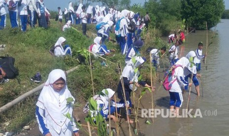 Pelajar SMP dan SMA se-Kecamatan Suranenggala, Kabupaten Cirebon, menanam pohon mangrove di kawasan Sungai Winong, Selasa  (25/4). 