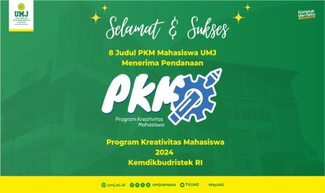  Sebanyak delapan judul Program Kreativitas Mahasiswa (PKM) dari Universitas Muhammadiyah Jakarta (UMJ) mendapatkan pendanaan. Keputusan itu berdasarkan surat pengumuman tentang Pendanaan Program Kreativitas Mahasiswa 8 Bidang Tahun 2024 yang dikeluarkan oleh Kementerian Pendidikan, Kebudayaan, Riset, dan Teknologi (Kemendikbudristek), Jumat (19/04/2024).