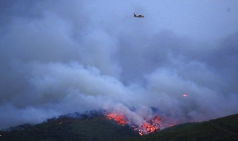 Sebuah pesawat terbang di atas hutan yang terbakar di Kota Mati, Yunani. Otoritas regional mengumumkan keadaan darurat setelah api membakar hutan pinus di kota tersebut. Foto diambil pada Senin (23/7).