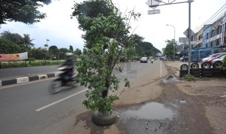 Sebuah pohon dipasang untuk menutupi lubang jalanan di jalan kalimalang, bekasi, jawa barat, Selasa (25/4).