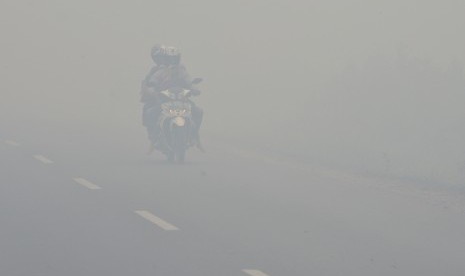 Sebuah sepeda motor menembus kabut asap ketika terjadi kebakaran lahan gambut di sekitar Pulang Pisau, Kalteng, Selasa (27/10). 