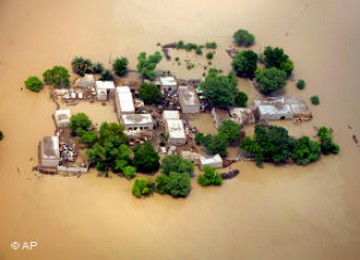 Sebuah desa terendam banjir di Kot Addu, Pakistan.