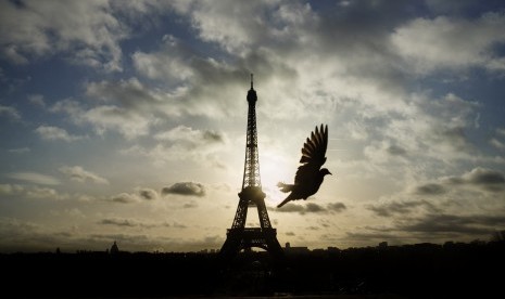 Seekor burung terbang di depan Menara Eiffel yang masih tertutup untuk umum di hari pertama dari tiga hari berkabung nasional, di Paris, Minggu (15/11).