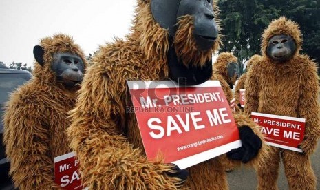 Sejumlah aktivis menggelar aksi penyelamatan orang utan di depan Istana Merdeka, Jakarta Pusat, Kamis (14/3). (Republika/Adhi Wicaksono)