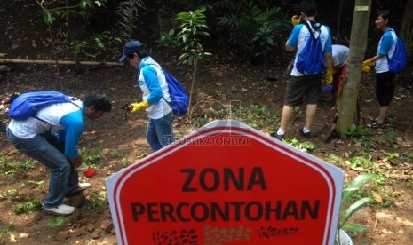 Sejumlah anggota Komunitas Peduli Ciliwung dan Greeneration Indonesia membersihkan sampah yang terdapat di bantaran Kali Ciliwung di kawasan Condet, Jakarta Timur, Senin (11/11).  (Republika/Rakhmawaty La'lang)