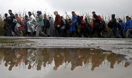 Sejumlah imigran berjalan kaki setelah menyeberang ke Serbia dari Babska, Kroasia, Senin (19/10). Negara Balkan terjebak dengan populasi imigran yang melonjak setelah Hongaria menutup perbatasannya dan Slovenia membatasi masuknya imigran. Mereka mencoba me