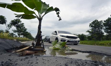 Sejumlah kendaraan melintasi jalan yang berlubang di Jalan terusan Letjen Ryacudu, Jati Agung, Lampung Selatan, Lampung, Rabu (26/10/2022). Sejumlah titik di ruas jalan yang merupakan jalan menuju pintu tol Kota Baru tersebut ditanami pohon pisang oleh warga sebagai bentuk protes karena kondisi jalan berlubang dan bergelombang yang membahayakan keselamatan pengguna jalan yang melintas. Usai Dikritik Bima, Pemda Lampung Alokasikan 40 Persen APBD Bangun Jalan