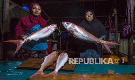 Sejumlah pedagang menunjukan ikan segar yang baru tiba di Pasar Ikan Tulehu, Kabupaten Maluku Tengah, Maluku. Chairman Supply Chain Indonesia (SCI) Setijadi menyatakan jasa logistik diperlukan untuk mewujudkan prospek bisnis penangkapan ikan senilai Rp 241 triliun per tahun. Nilai ini berdasarkan jumlah kuota untuk industri dalam Kebijakan Penangkapan Ikan Terukur di enam zona yang ditetapkan Kementerian Kelautan dan Perikanan (KKP).