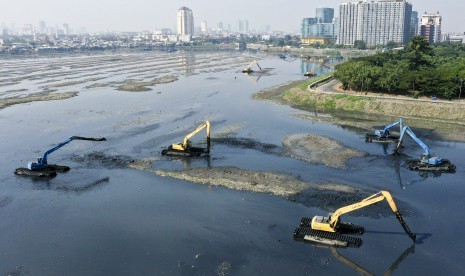 Sejumlah pekerja dengan menggunakan alat berat melakukan pengerukan lumpur di Waduk Pluit, Jakarta, Selasa (25/6/2019). 