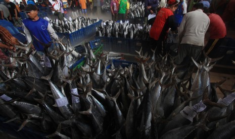 Sejumlah pekerja menyiapkan ikan sebelum lelang di tempat pelelangan ikan Karangsong, Indramayu, Jawa Barat, Jumat (26/2).