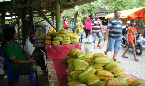 Sejumlah pengunjung berjalan di kebun belimbing di Desa Ngringinrejo, Kalitidu, Bojonegoro, Jawa Timur, Minggu (21/8). 