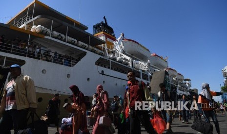 Sejumlah penumpang Kapal Pelni Leuser asal Sampit, Kalimantan Tengah, tiba di Dermaga Gapura Surya Nusantara, Pelabuhan Tanjung Perak, Surabaya, Jawa Timur, Rabu (29/5/2019).