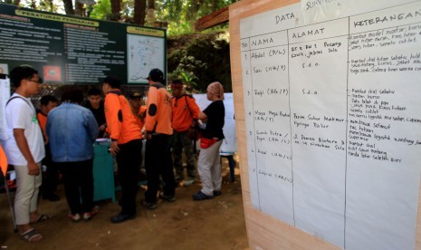   Sejumlah petugas dari berbagai instansi melakukan koordinasi pencarian tujuh orang pendaki Gunung Lawu yang hilang di Pos pendakian Cemoro Kandang di Karanganyar, Jawa Tengah, Rabu (29/7).