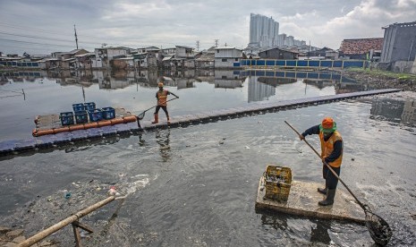 Sejumlah petugas membersihkan sampah di kolam penampungan air kawasan Muara Angke, Jakarta, Senin (4/2/2019).