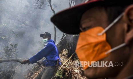 Sejumlah relawan berusaha memadamkan api yang membakar lahan di kawasan Kawah Putih, Kecamatan Pasirjambu, Kabupaten Bandung, Selasa (8/10).